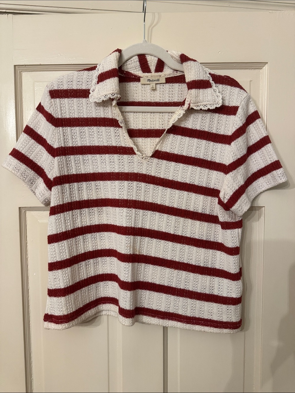 Madewell White and Red Striped Open V-Neck Knit Polo